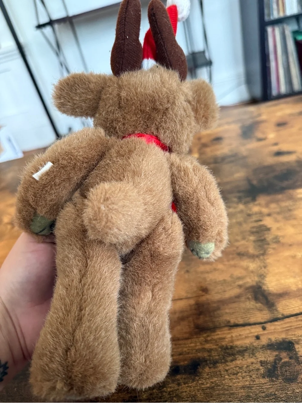 Plush Brown Reindeer Toy with Red Scarf and Santa Hat vintage